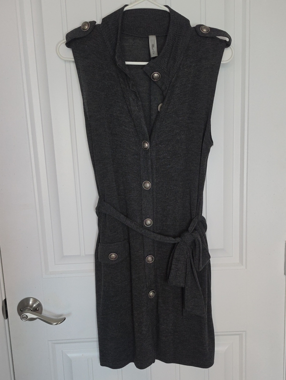Mind Code Charcoal Sleeveless Button-Front Knit Dress with Tie Waist